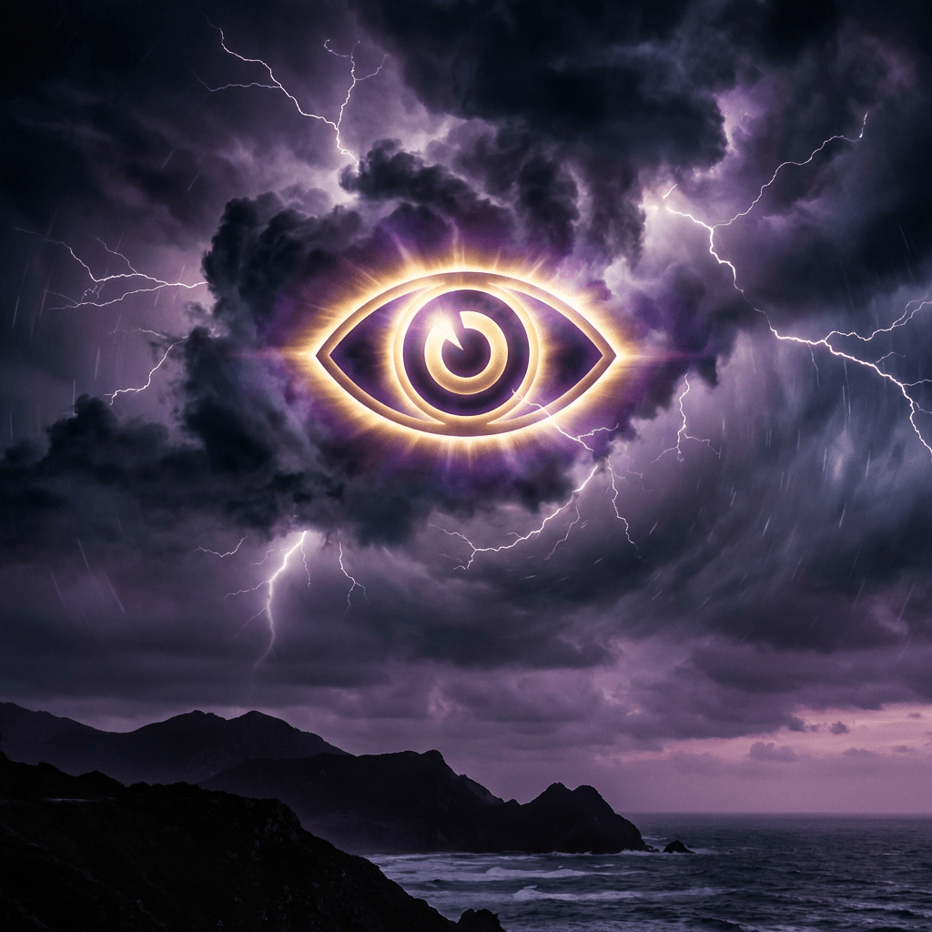 A glowing eye symbol centered in dark, lightning-filled storm clouds over a rugged coastline.