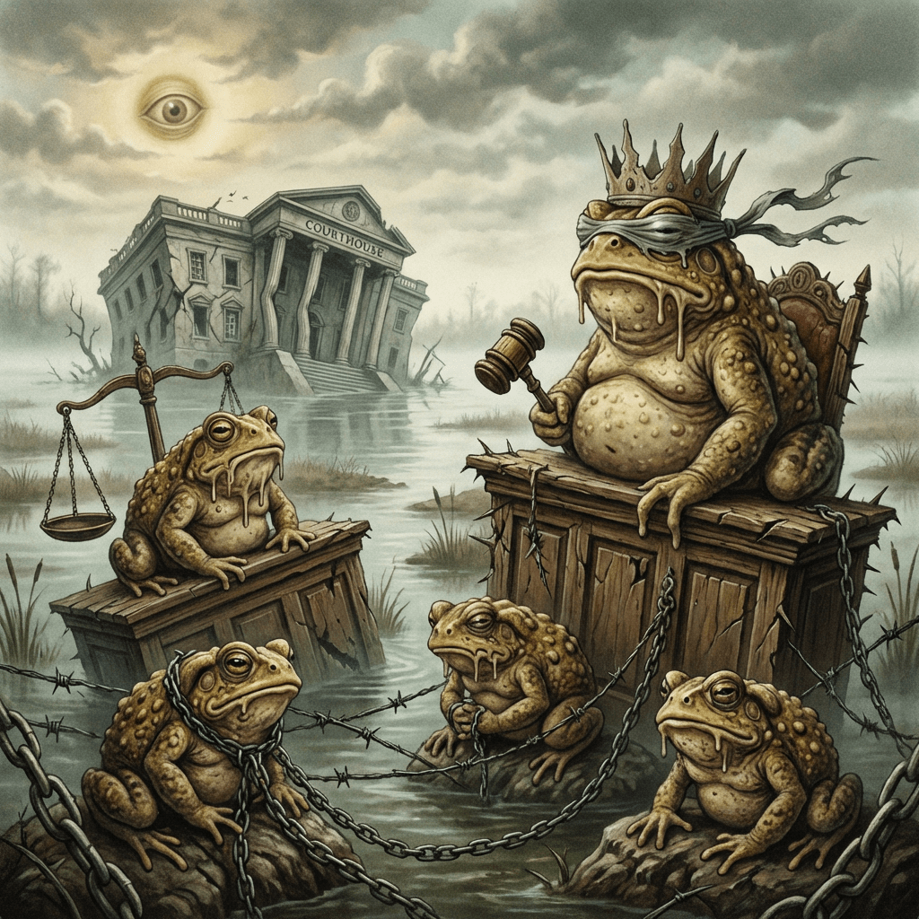 Surreal illustration of a blindfolded toad judge presiding over a swamp courtroom with chained subjects.