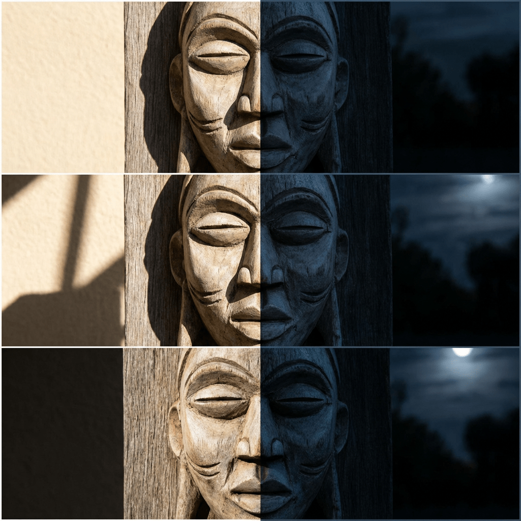 Wooden mask split between warm daylight and cool moonlight in three vertical panels.