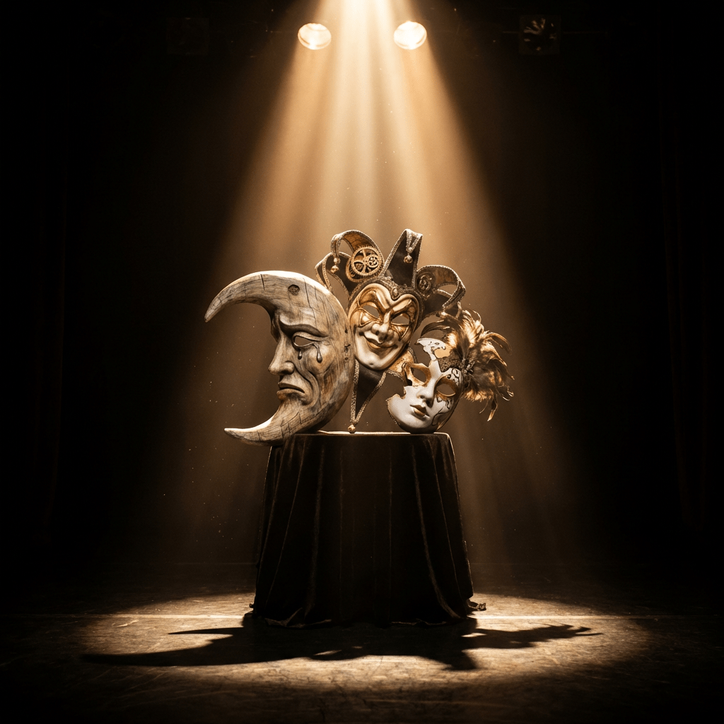 Three ornate theatrical masks displayed on a draped table under a dramatic overhead spotlight.