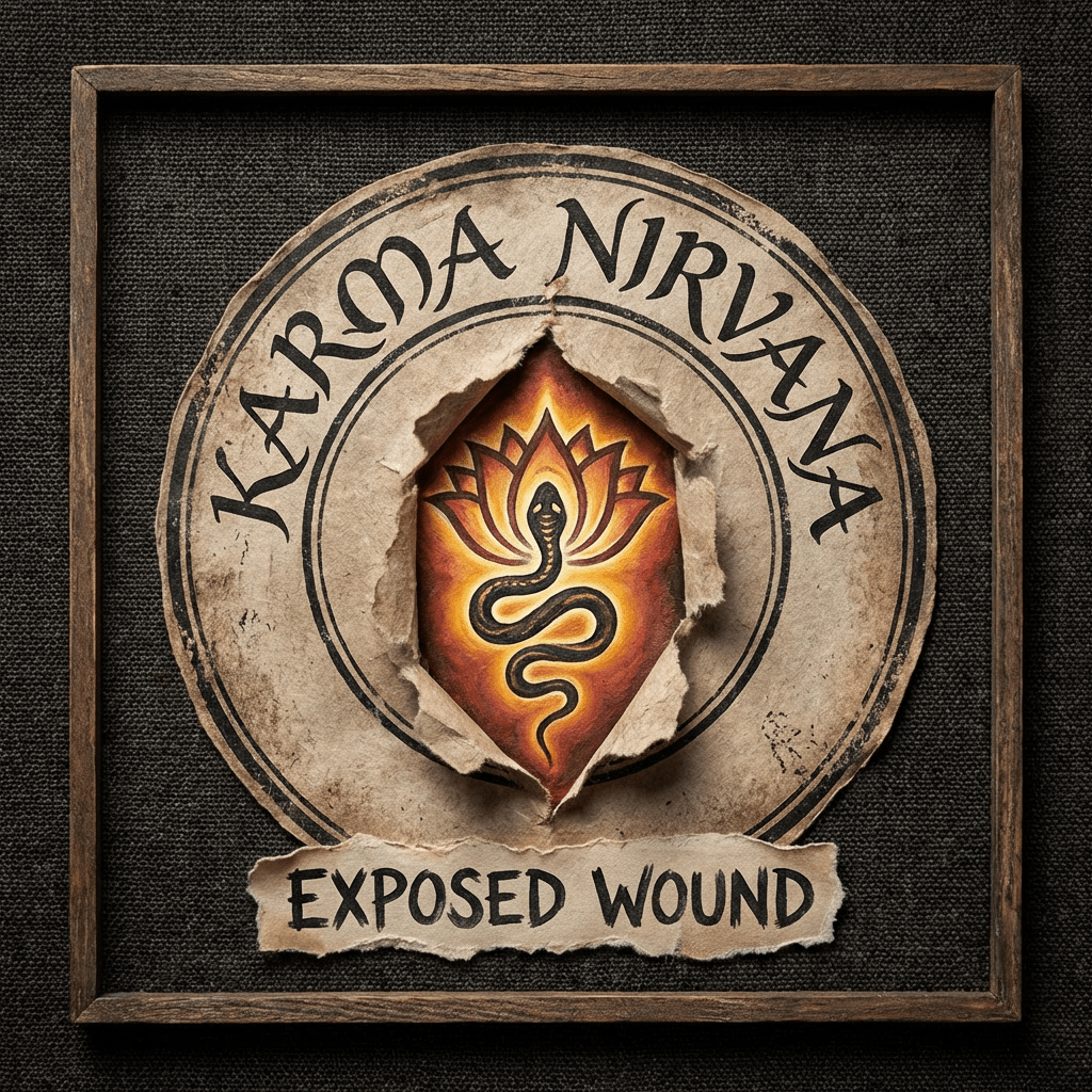 Text reads KARMA NIRVANA and EXPOSED WOUND around a snake and lotus illustration.