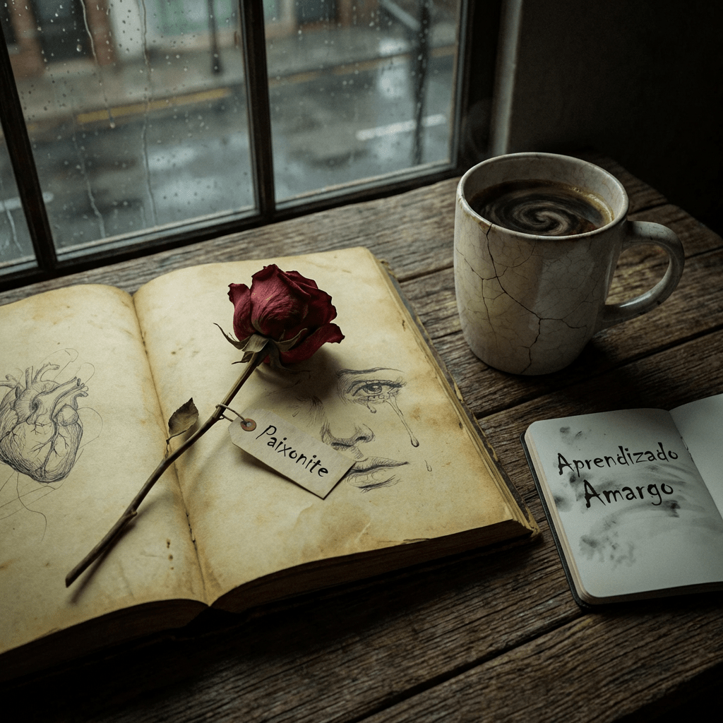 Open sketchbook with heart and crying face drawings, 'Paixonite' rose tag, and 'Aprendizado Amargo' notebook.