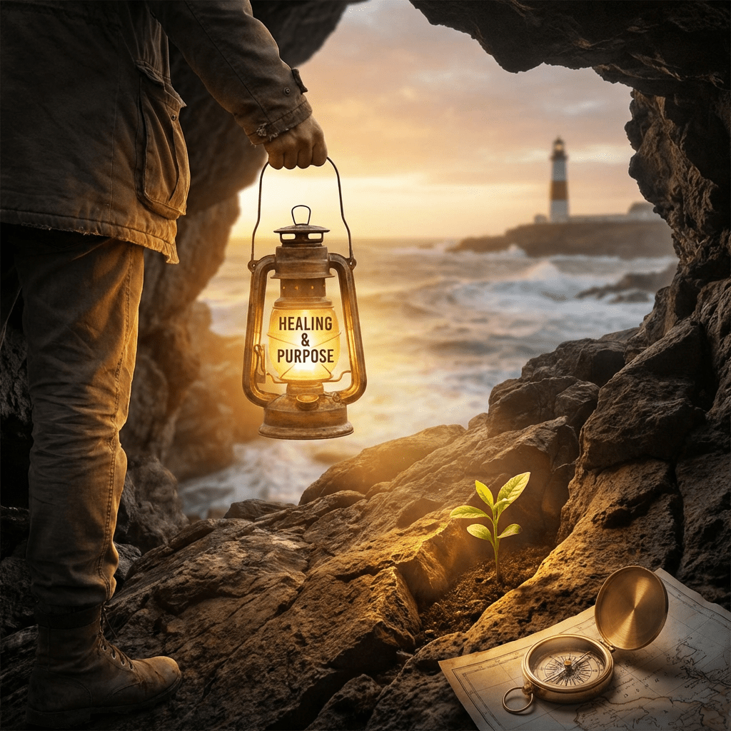 Person holding a lantern labeled HEALING & PURPOSE in a cave facing a lighthouse.