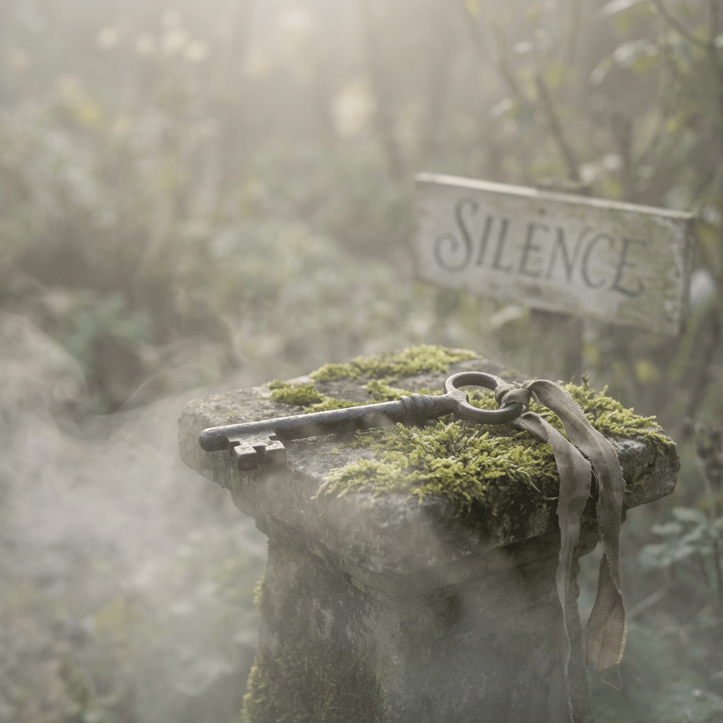 An old rusty skeleton key on a mossy stone pedestal with a SILENCE sign behind it.