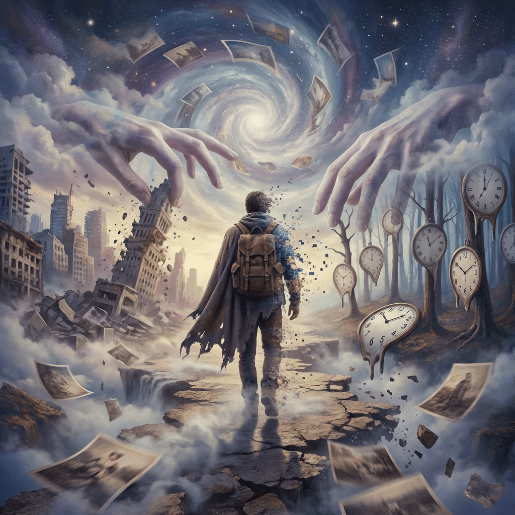 Traveler walking through a surreal landscape of ruins, melting clocks, and a celestial vortex.