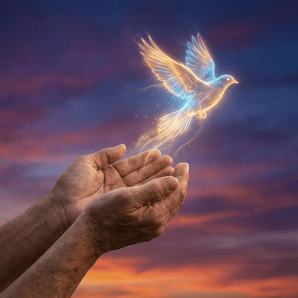 A glowing bird of light ascending from cupped hands into a sunset sky.