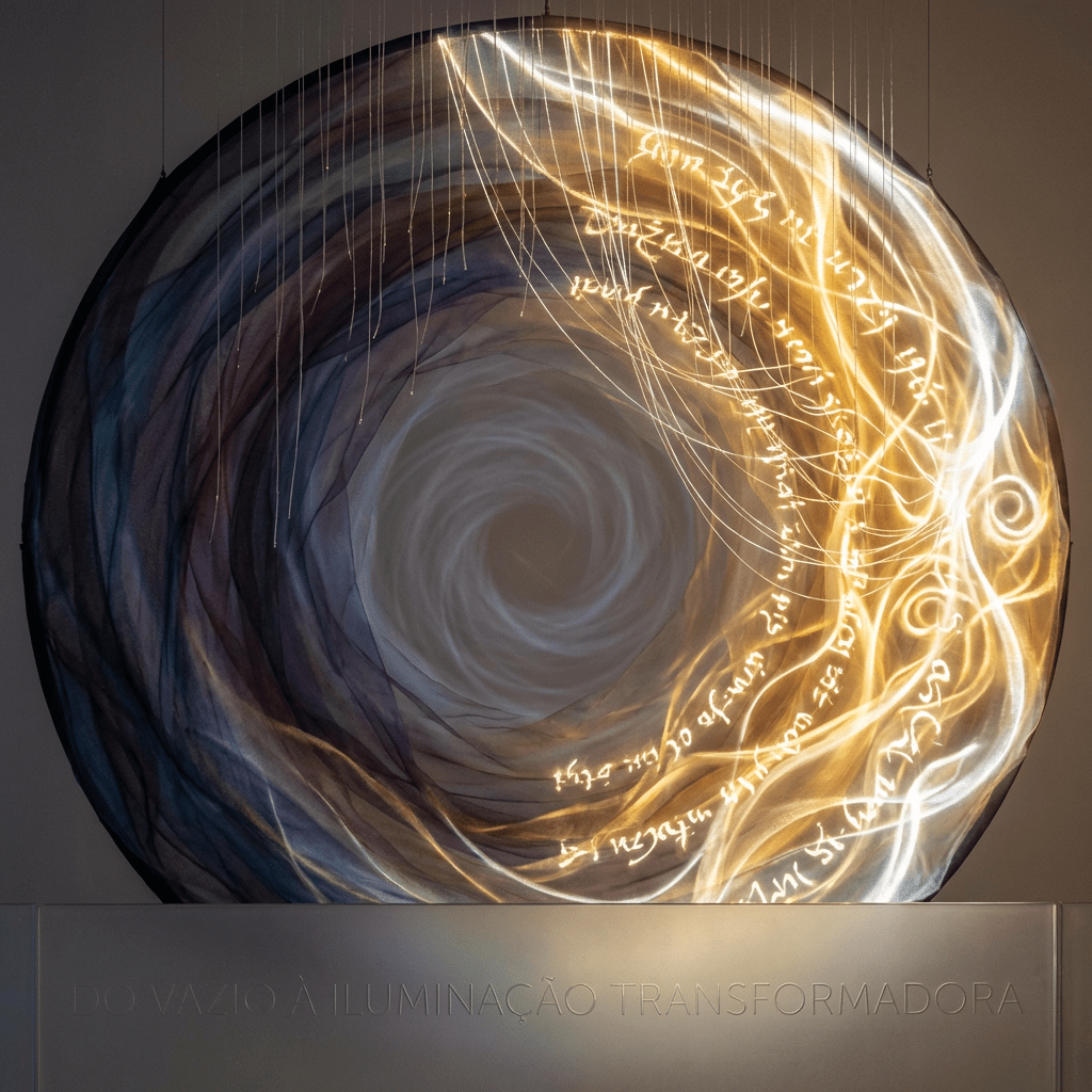 Circular light installation with glowing calligraphy and the text DO VAZIO À ILUMINAÇÃO TRANSFORMADORA.