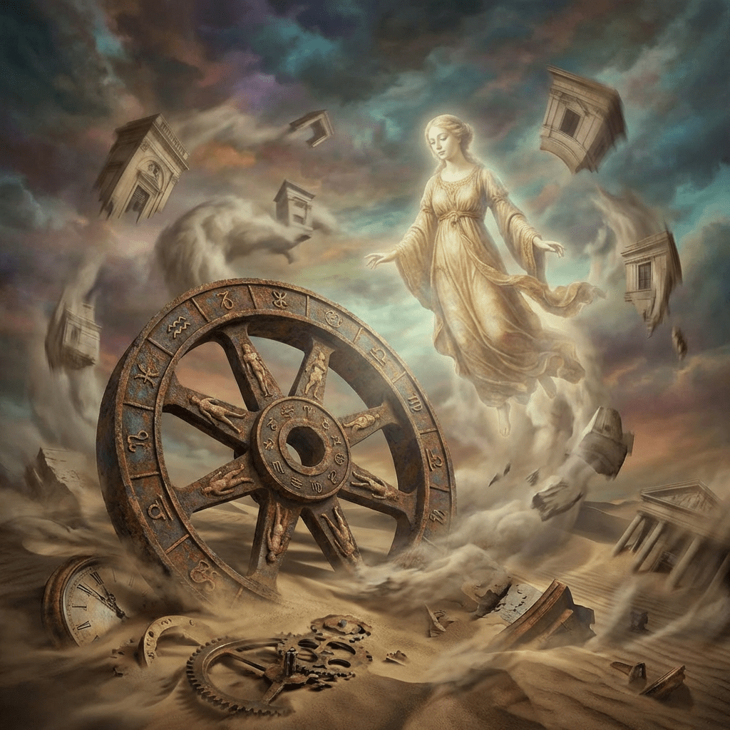 A glowing female figure floating near a large ancient wheel with zodiac symbols amidst swirling ruins and sand