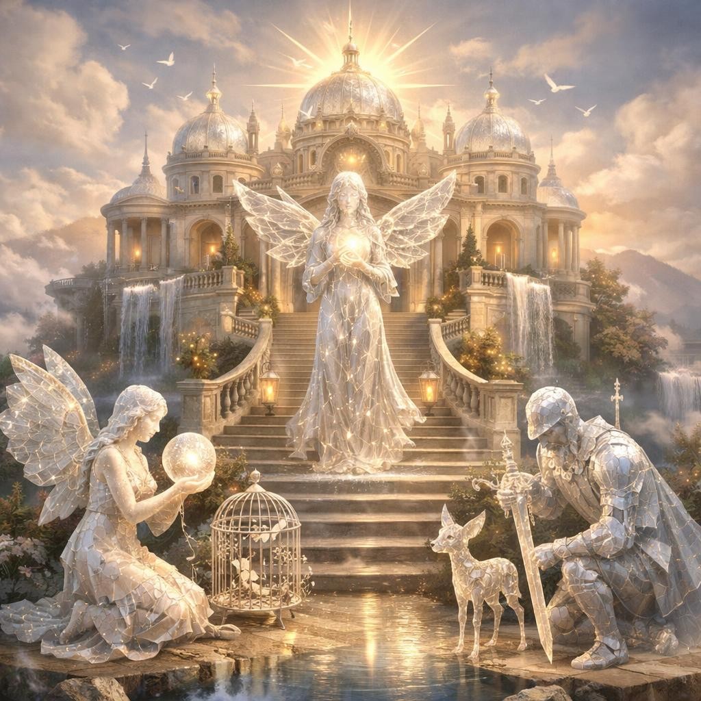 Glowing angel with wings holding a light orb, kneeling angel with orb and birdcage, knight with sword and small deer, majestic palace with domes and waterfalls in background