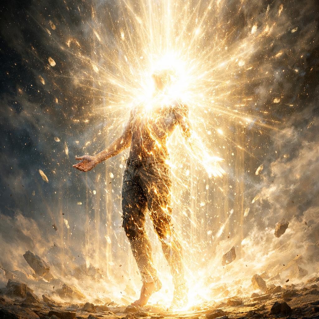 Human figure surrounded by radiant golden energy and debris