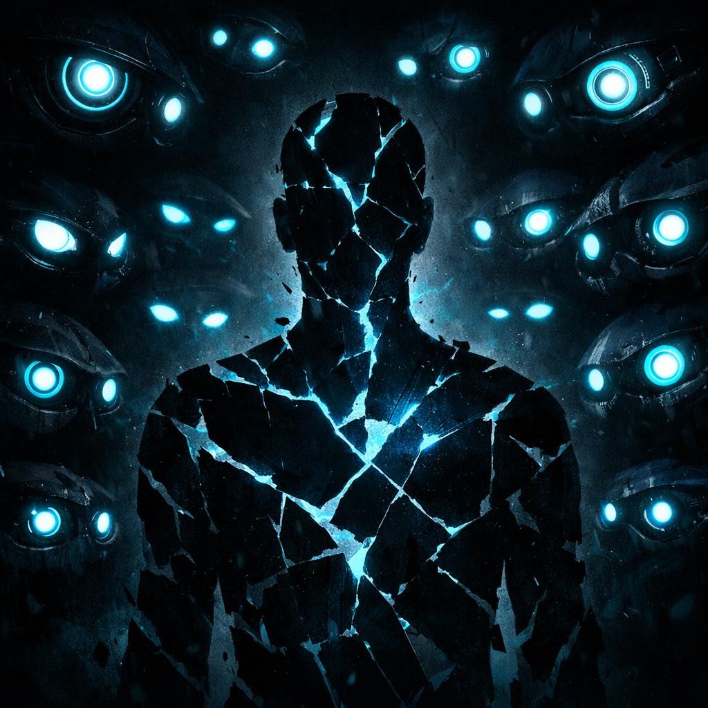 fractured human silhouette watched by glowing AI eyes