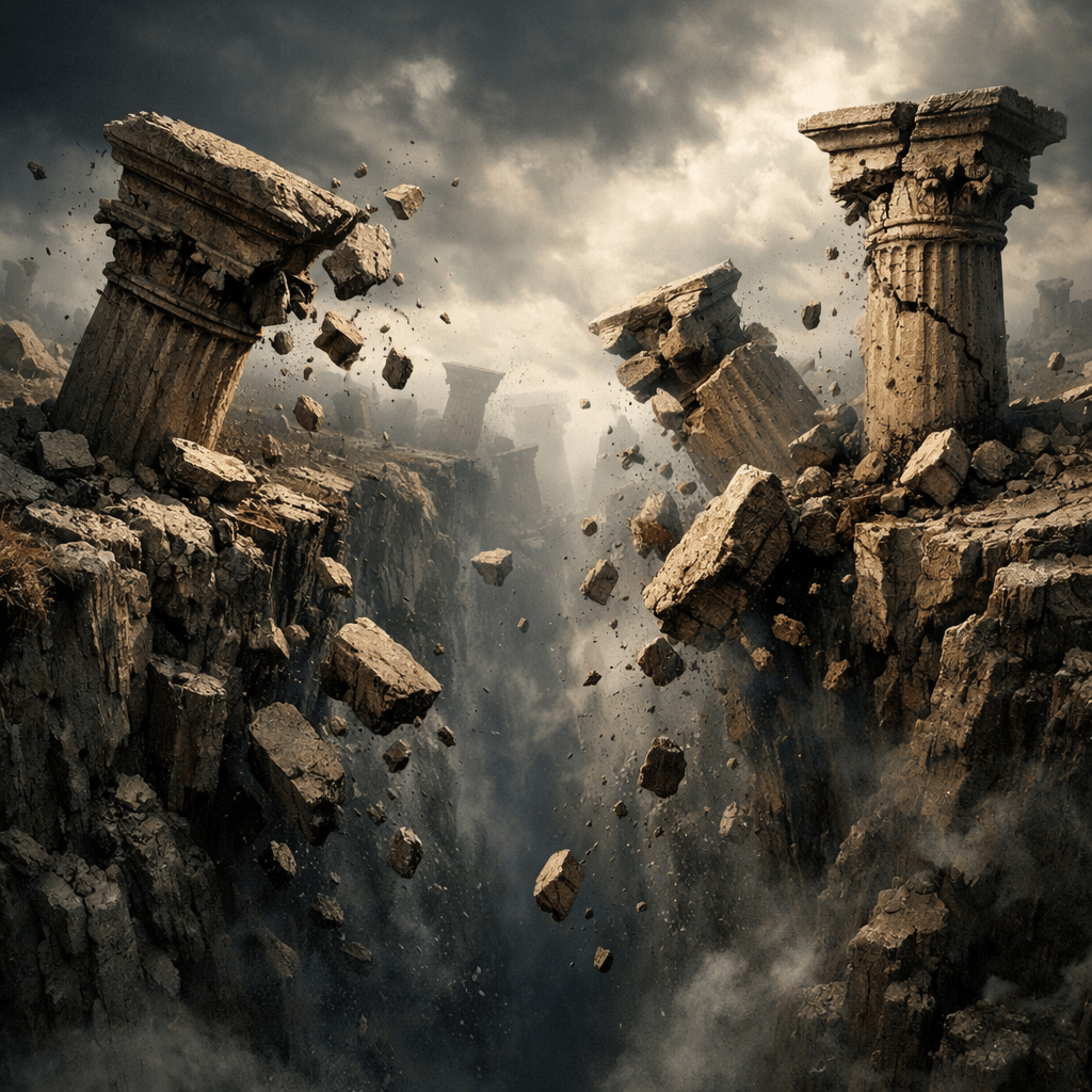 Crumbling ancient stone columns falling into a deep rocky chasm with floating debris