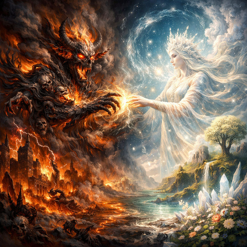 A fiery demonic figure with horns and glowing eyes reaches toward a glowing ethereal woman in white with a crown and flowing hair