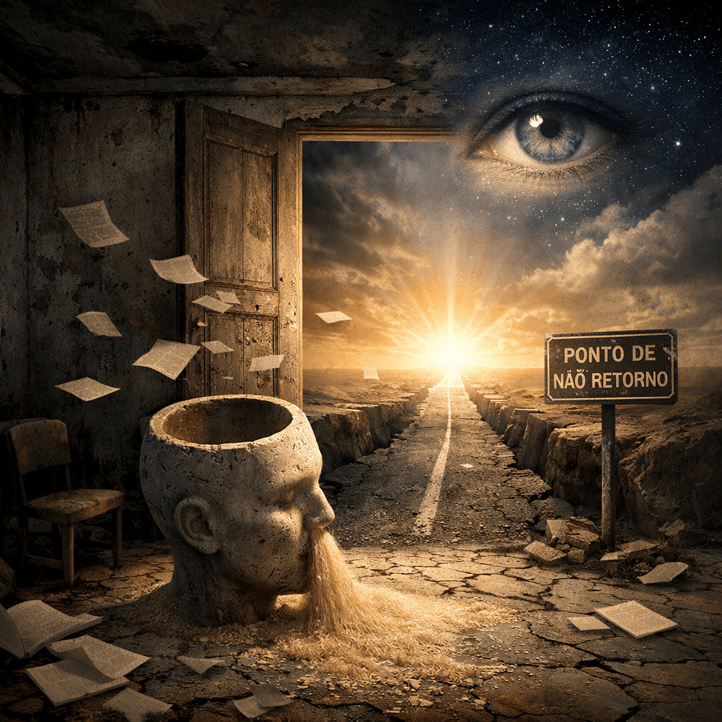 Cracked stone head with sand flowing from mouth on cracked road towards sunset and sign reading Ponto de Não Retorno