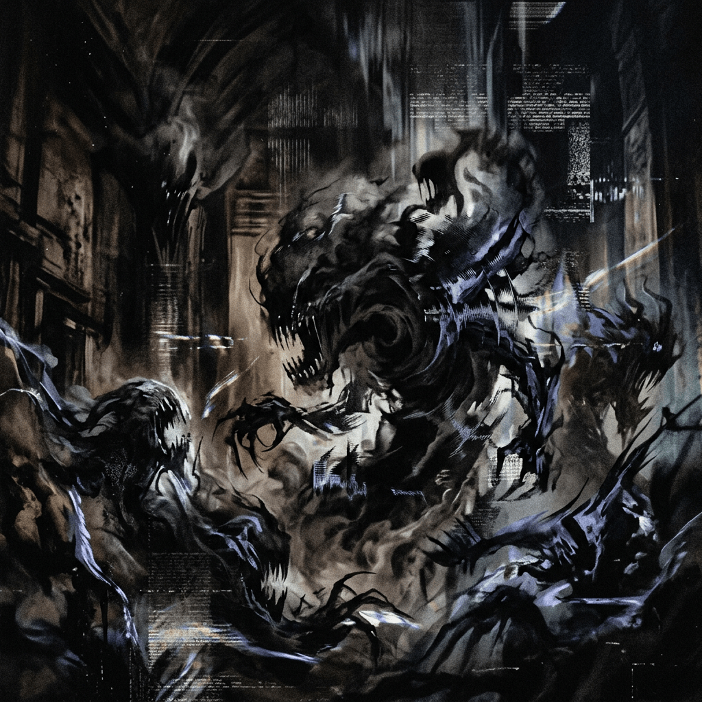 Shadowy monstrous figures with sharp teeth and clawed hands in a dark corridor