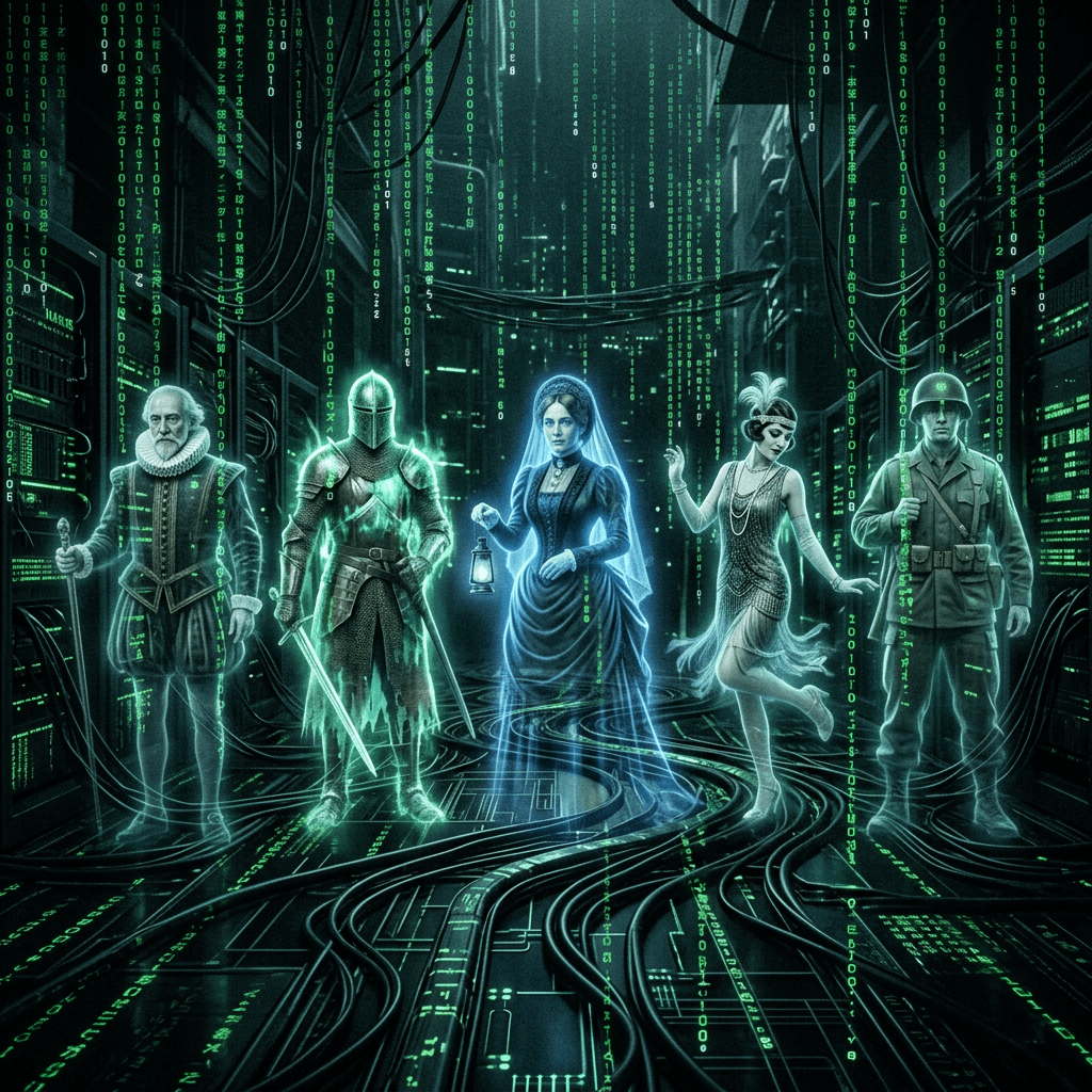 Five ghostly figures in historical attire standing among digital green code and cables