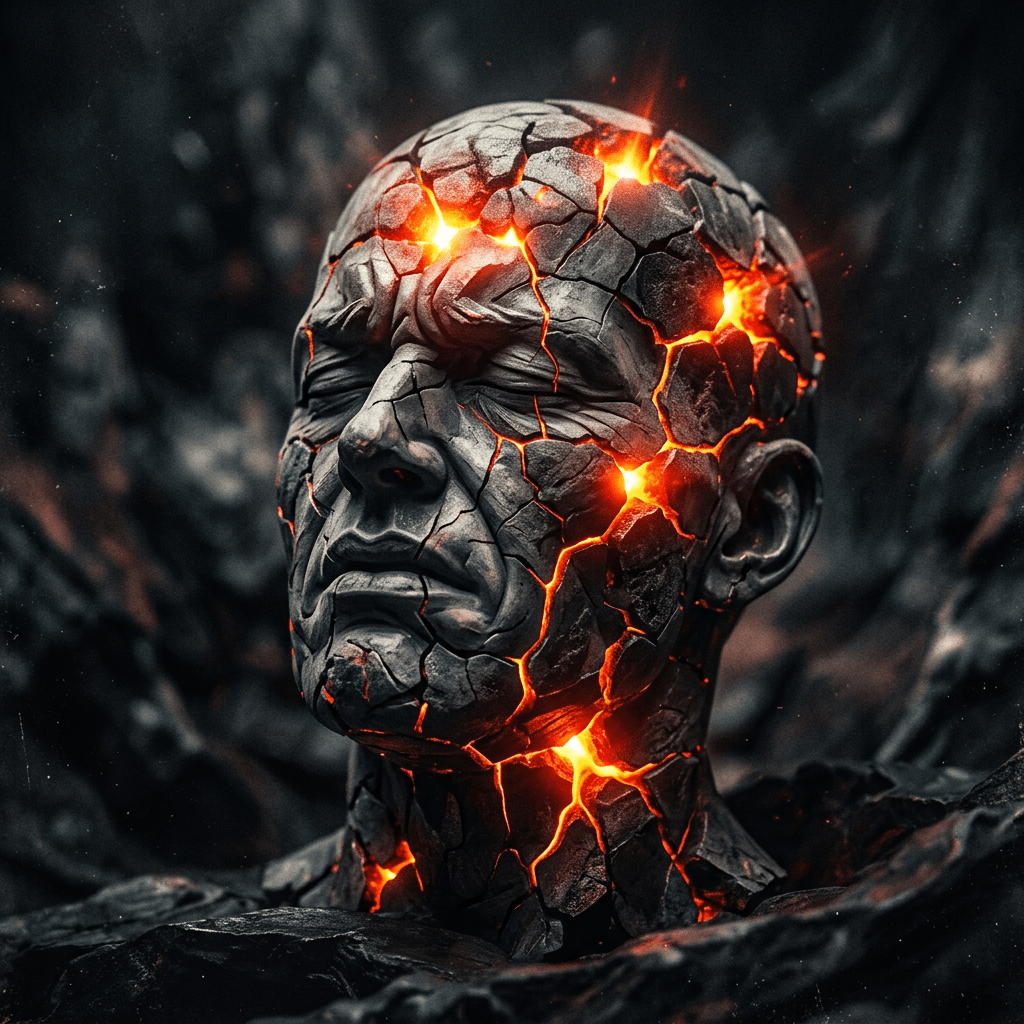 Stone human head with cracks glowing bright orange like molten lava