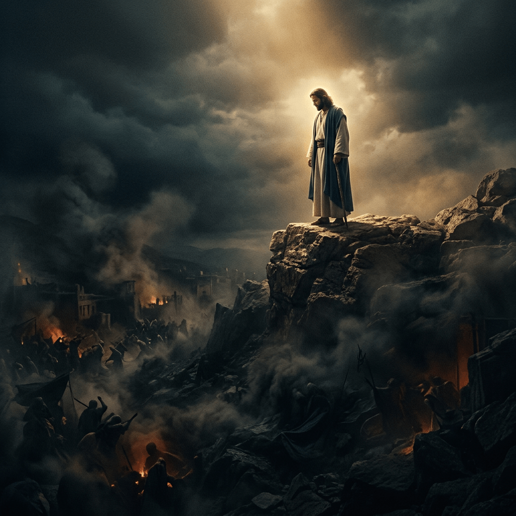 A robed individual with glowing light stands on a rocky hill above a fiery battle scene with smoke and fighting below.