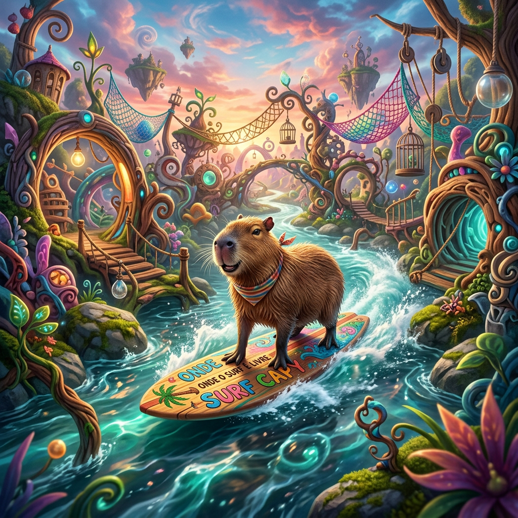 Capybara surfing on a colorful board in a magical river surrounded by fantasy plants and floating islands