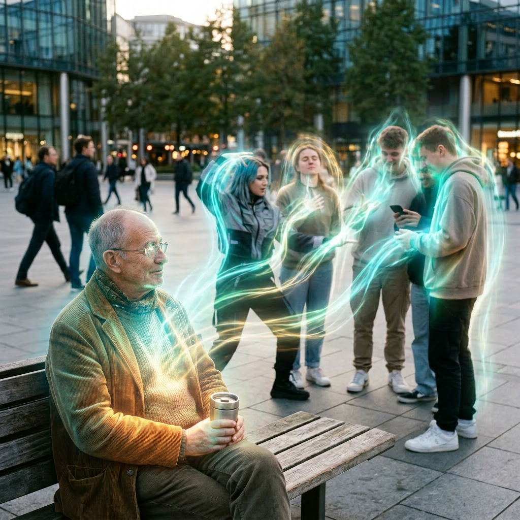 Young people surrounded by glowing magical effects interacting with each other and a man sitting on a bench