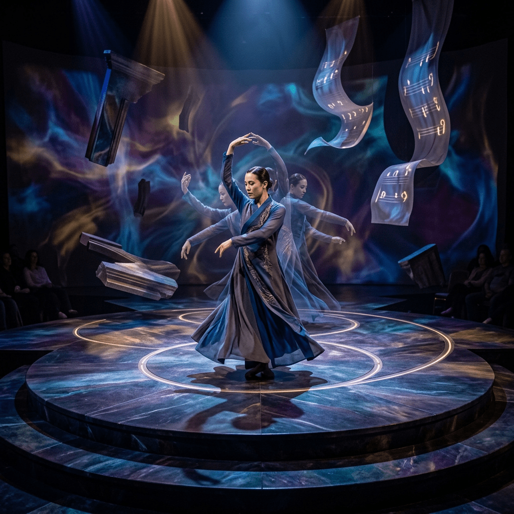 Dancer spinning on illuminated circular stage with background projections of musical notes and abstract shapes