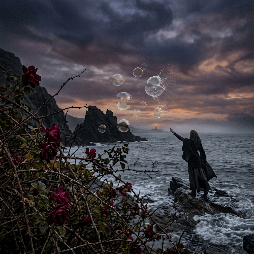 Person standing on rocky shore reaching out to iridescent bubbles near ocean under cloudy evening sky