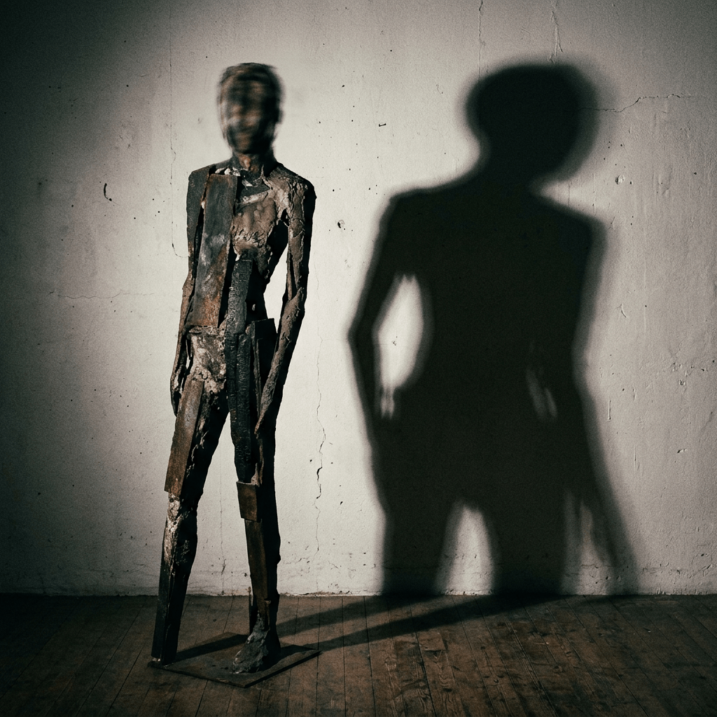 Tall humanoid sculpture made of rusty metal pieces casting a large shadow on a cracked wall