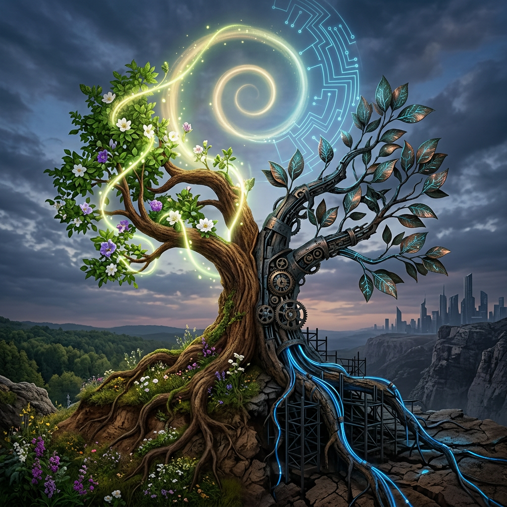 A tree with one side natural and blooming, the other mechanical with gears and glowing blue circuits.