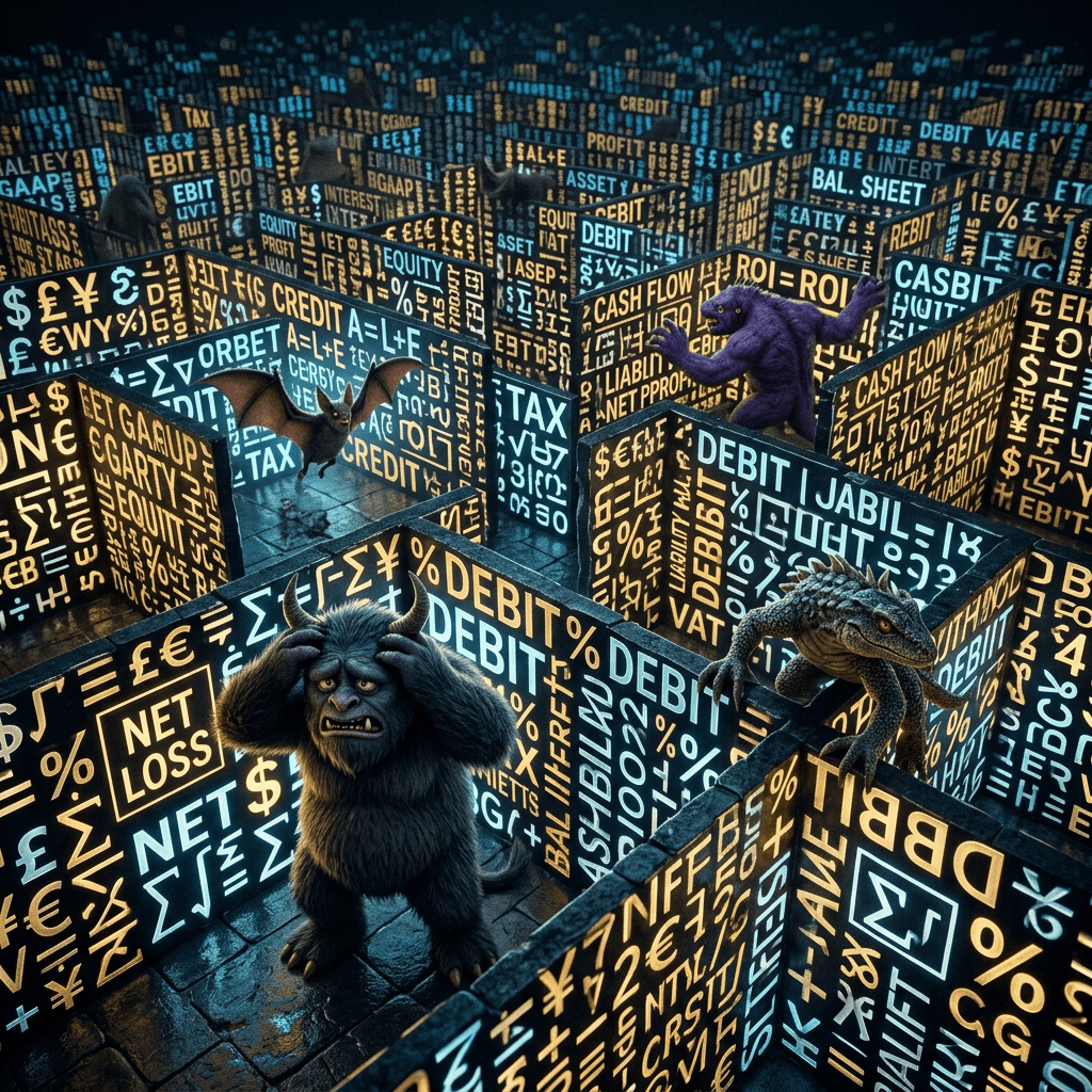 Maze walls covered with financial terms and symbols with mythical creatures inside