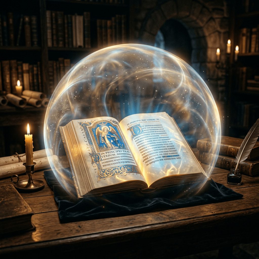 Ancient illuminated manuscript inside glowing magical orb on wooden table