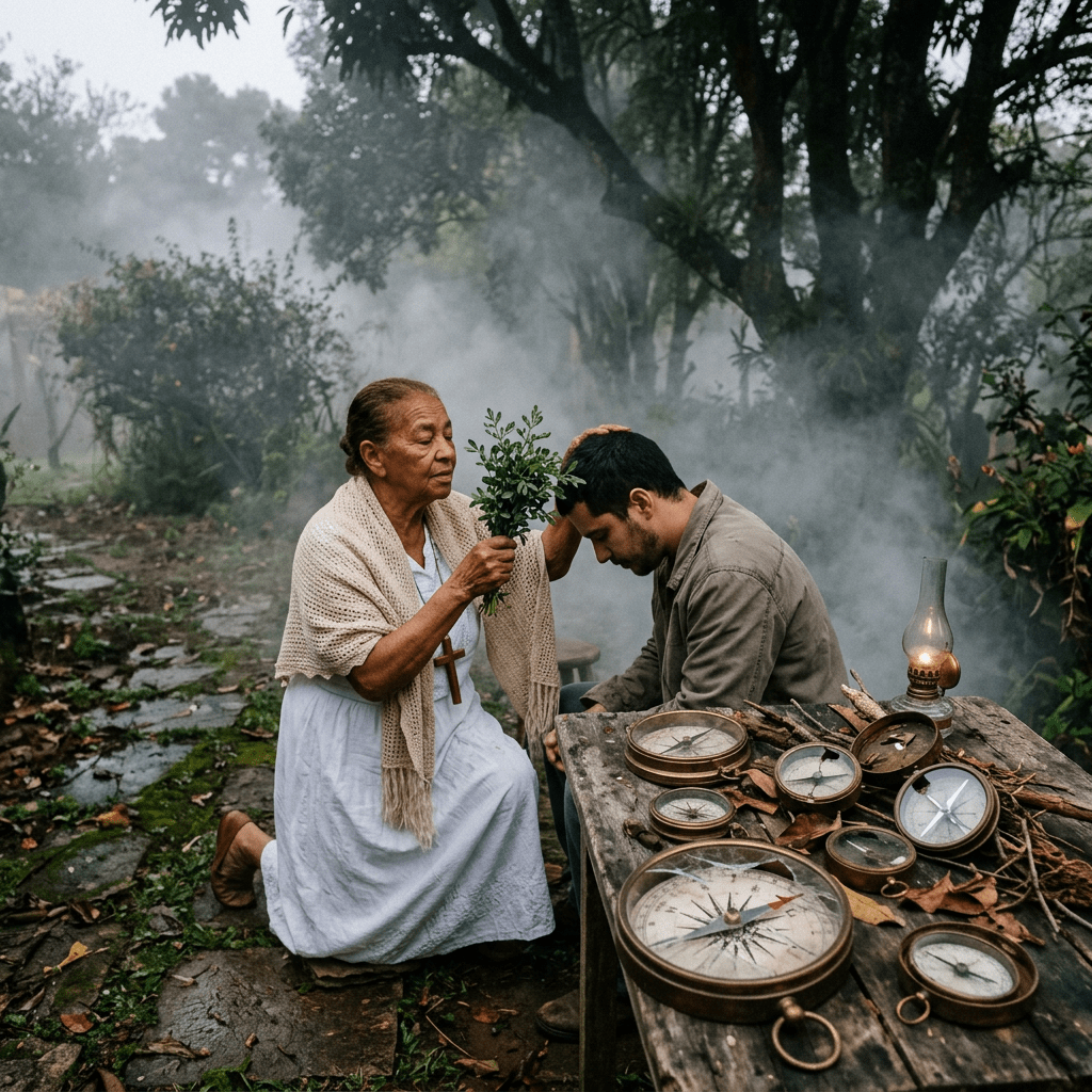 Elderly woman blessing man outdoors near table with various vintage compasses and an oil lamp
