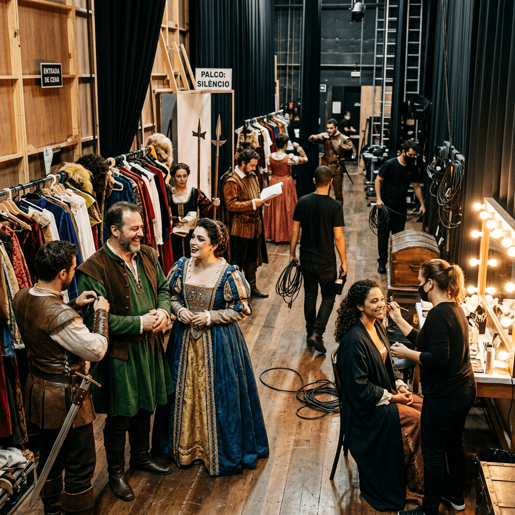Actors in Renaissance costumes and crew members backstage preparing for a performance