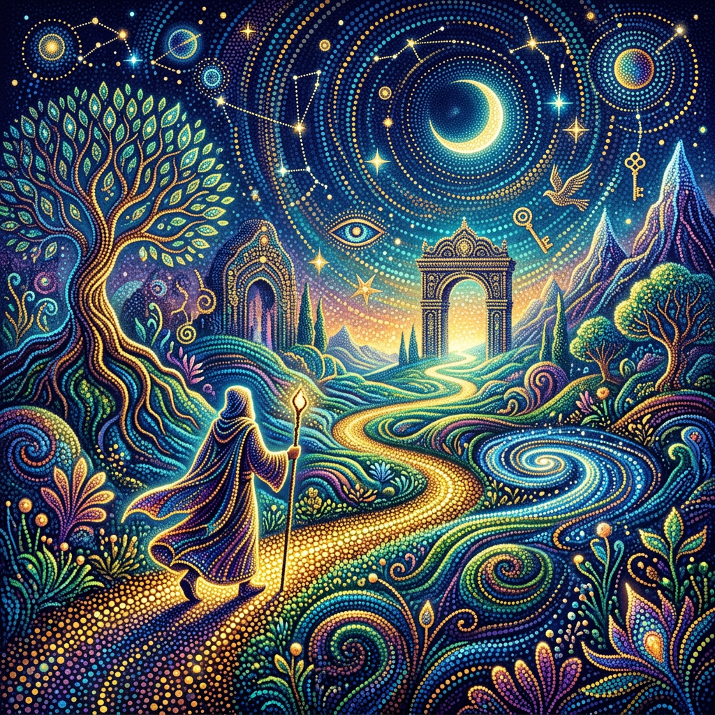 A robed traveler with staff walks a bright winding path through colorful hills toward a glowing archway under a crescent moon and stars