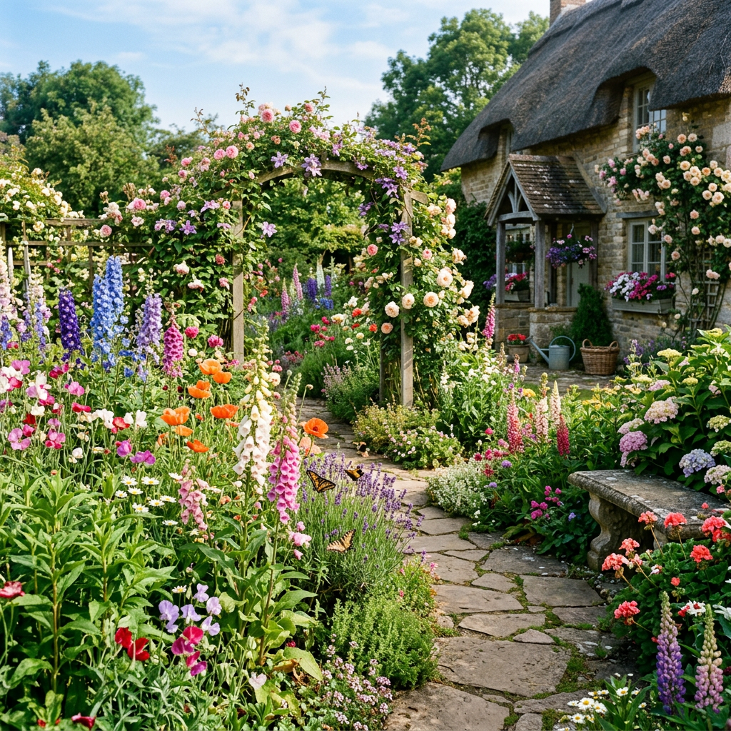 Stone path through vibrant flower garden with climbing roses and thatched cottage