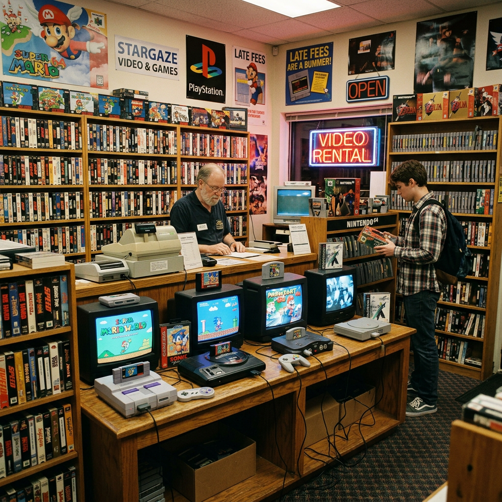 Interior of a video game rental store with vintage consoles, games, and customers