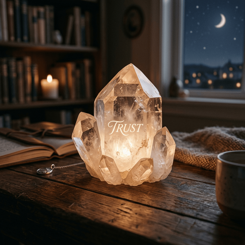 Crystal lamp glowing on a wooden table with the word 'Trust' inside