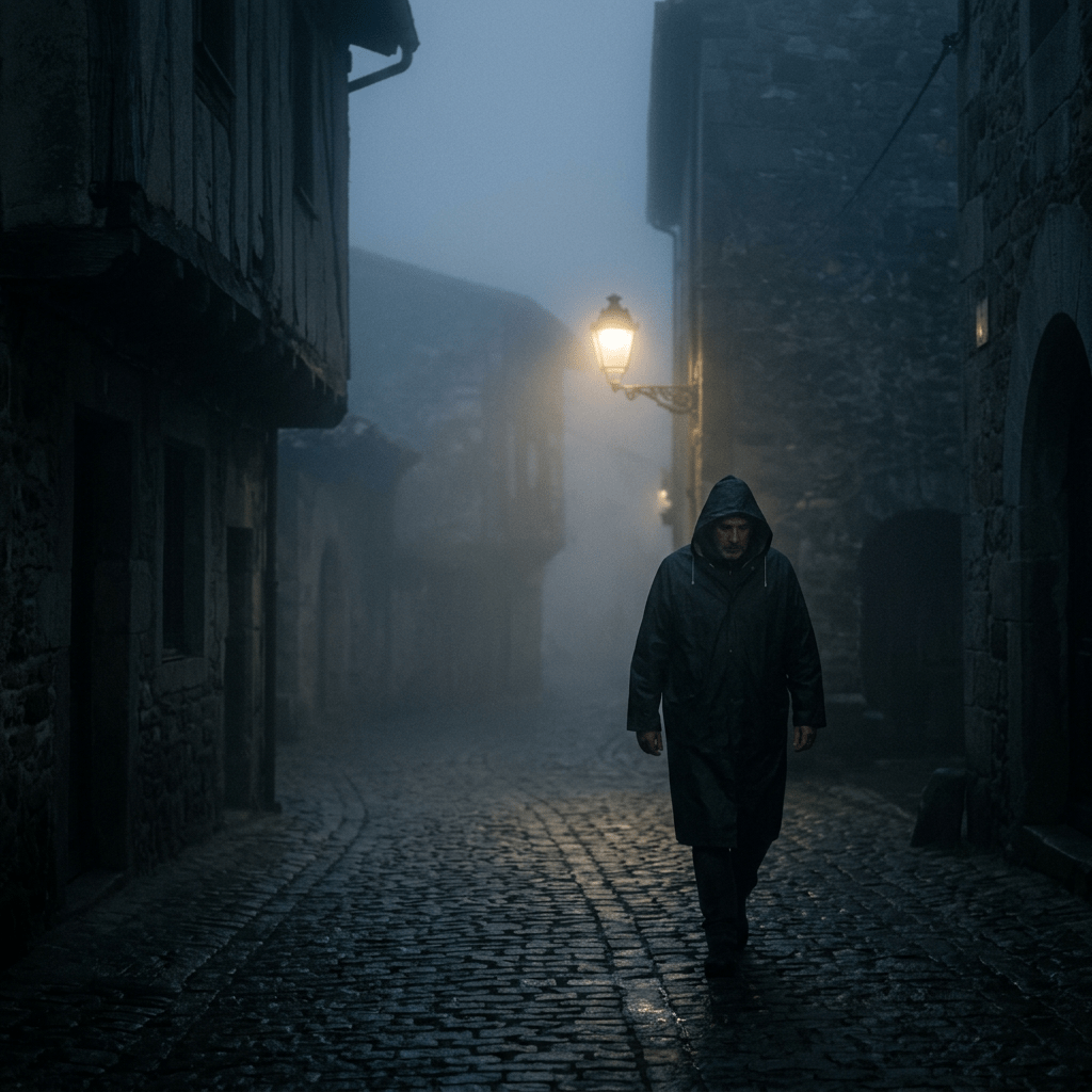 Man in dark raincoat walking alone on foggy cobblestone street at night