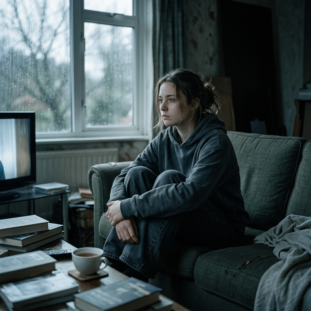 Young woman sitting on a green couch looking out a window in a dim room