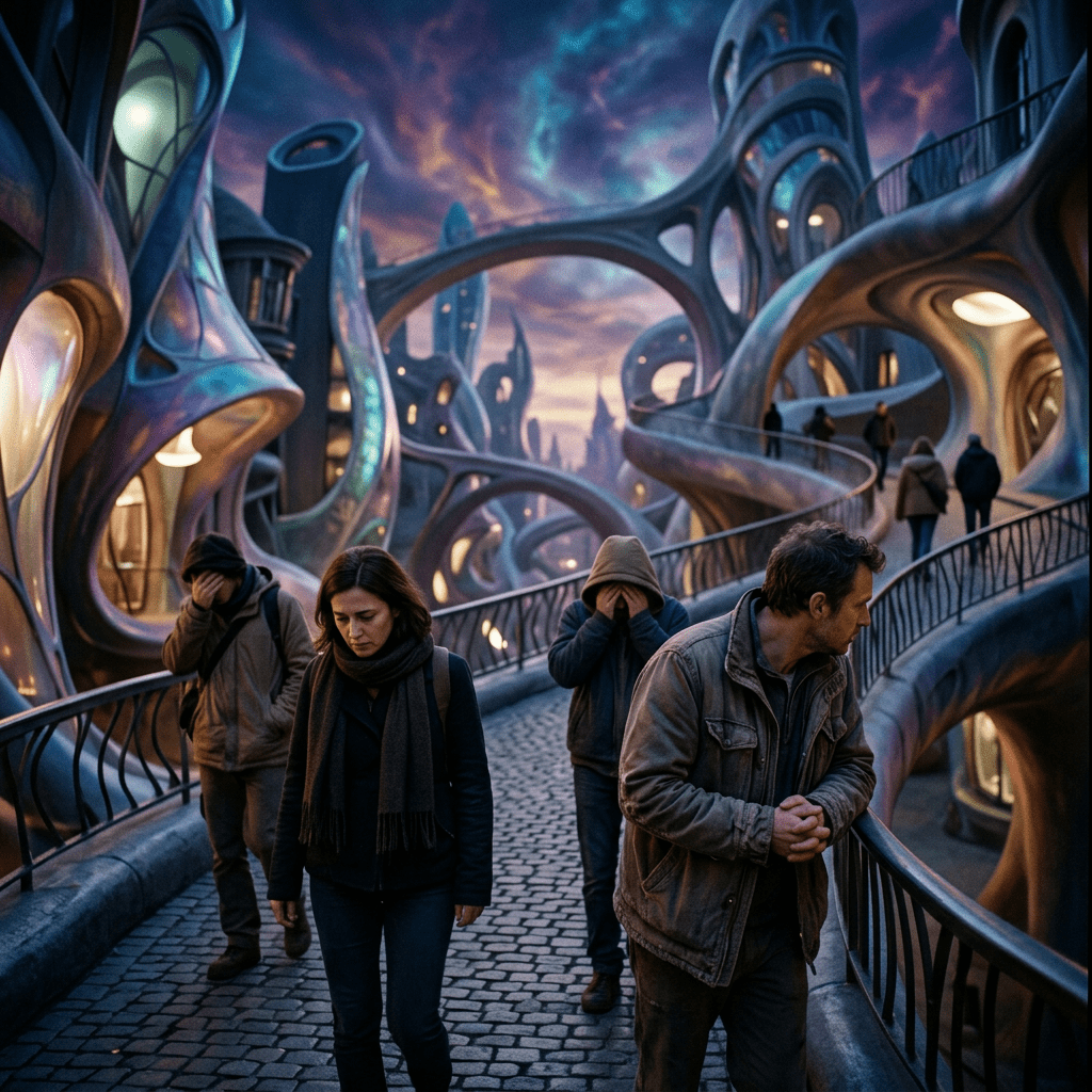 People walking on a curved bridge in a futuristic city with flowing sculptural architecture