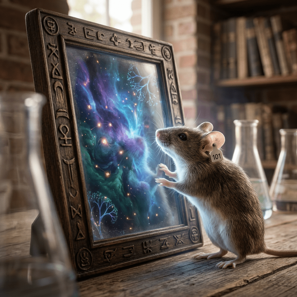 Lab mouse with tag 101 touching a framed glowing cosmic scene with mystical symbols
