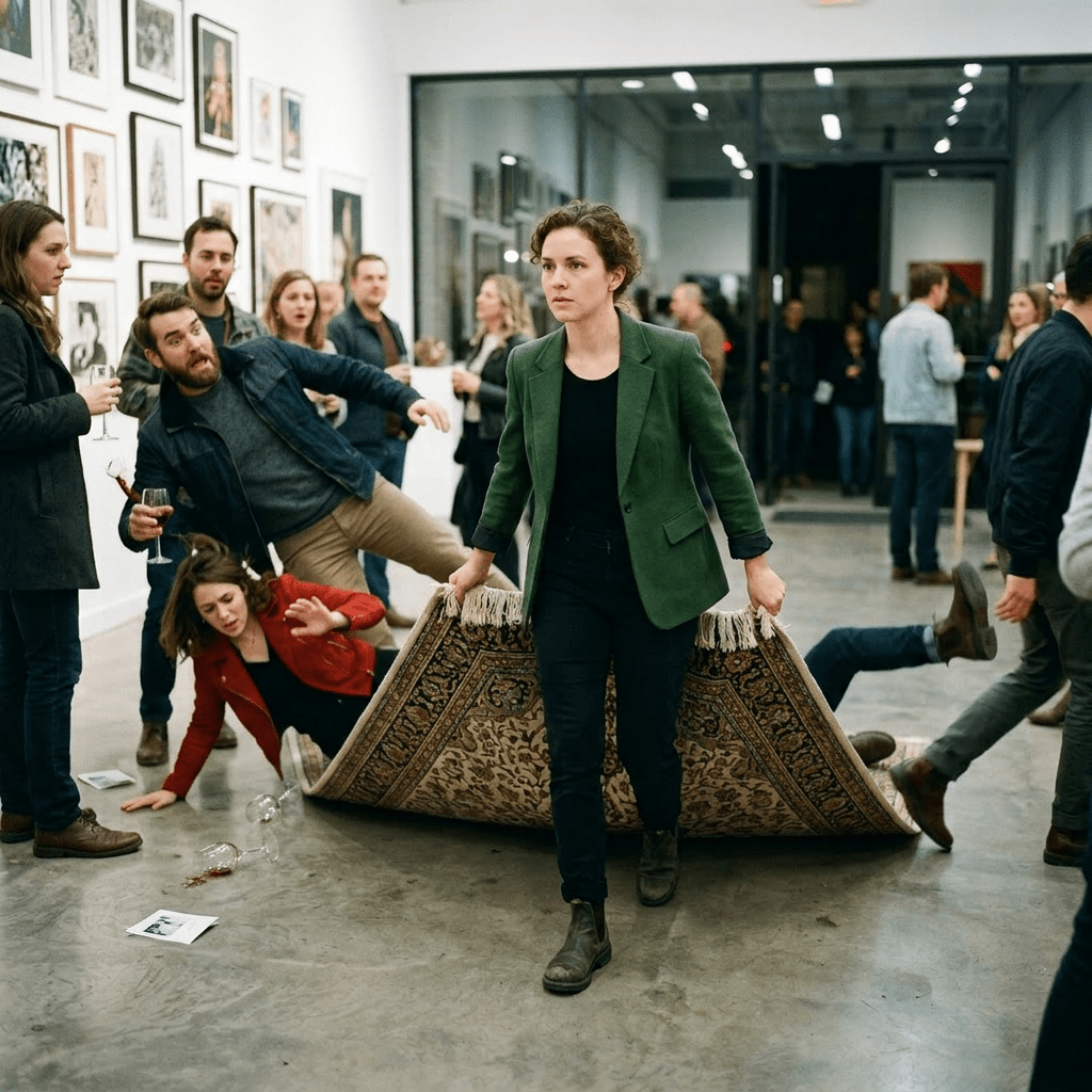 Woman carrying and laying down an ornate carpet in an art gallery with people observing
