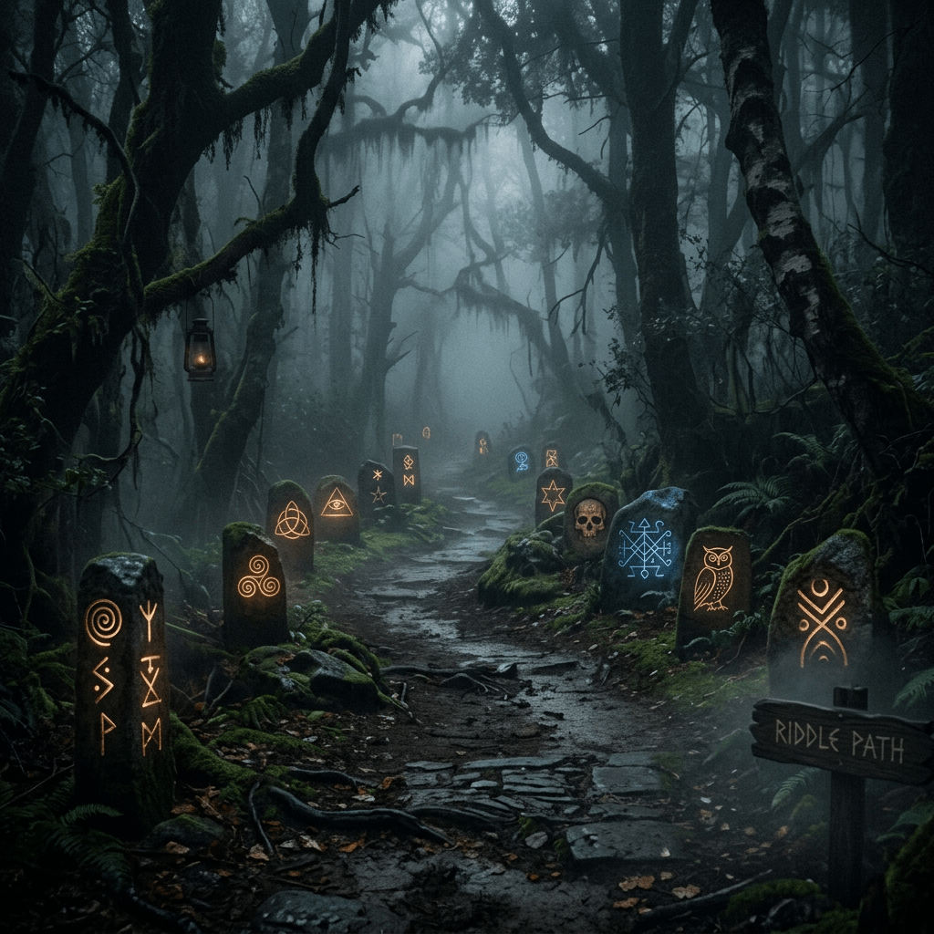 Foggy forest path with stones engraved with glowing runes and symbols