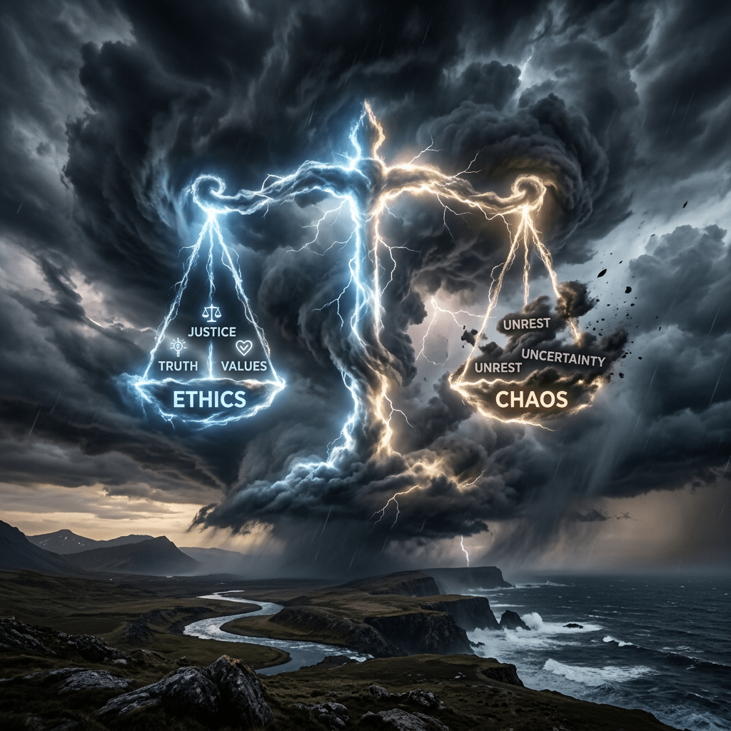Glowing scale with ethics on one side and chaos on the other against storm clouds