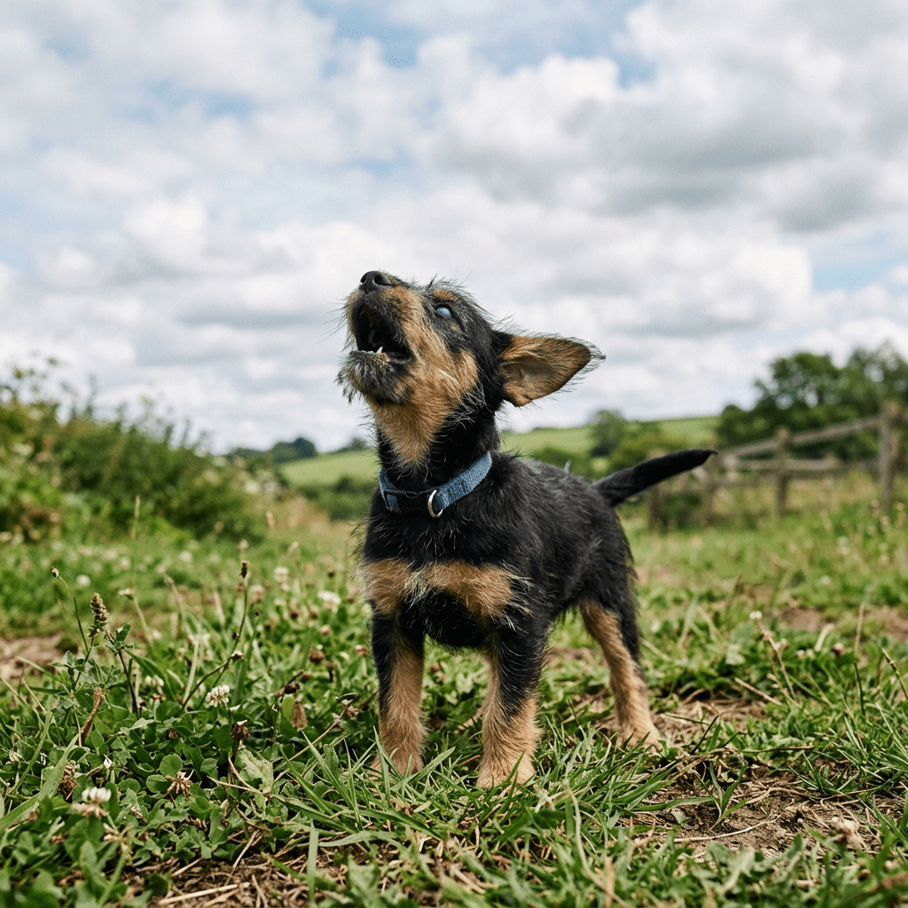 Small black and tan puppy wearing blue collar barking on grassy path outdoors