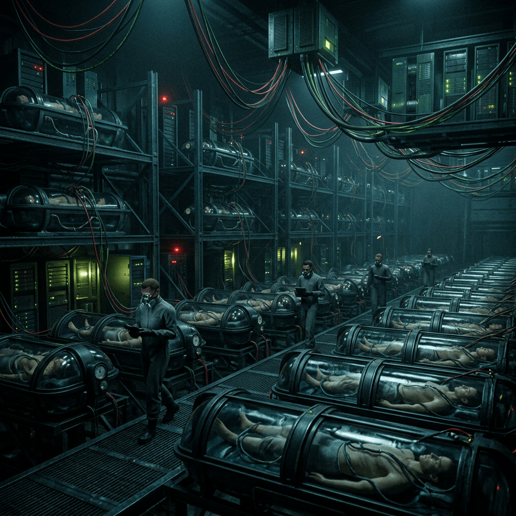 Rows of human clones in transparent pods connected to machines, with scientists wearing masks and monitoring data