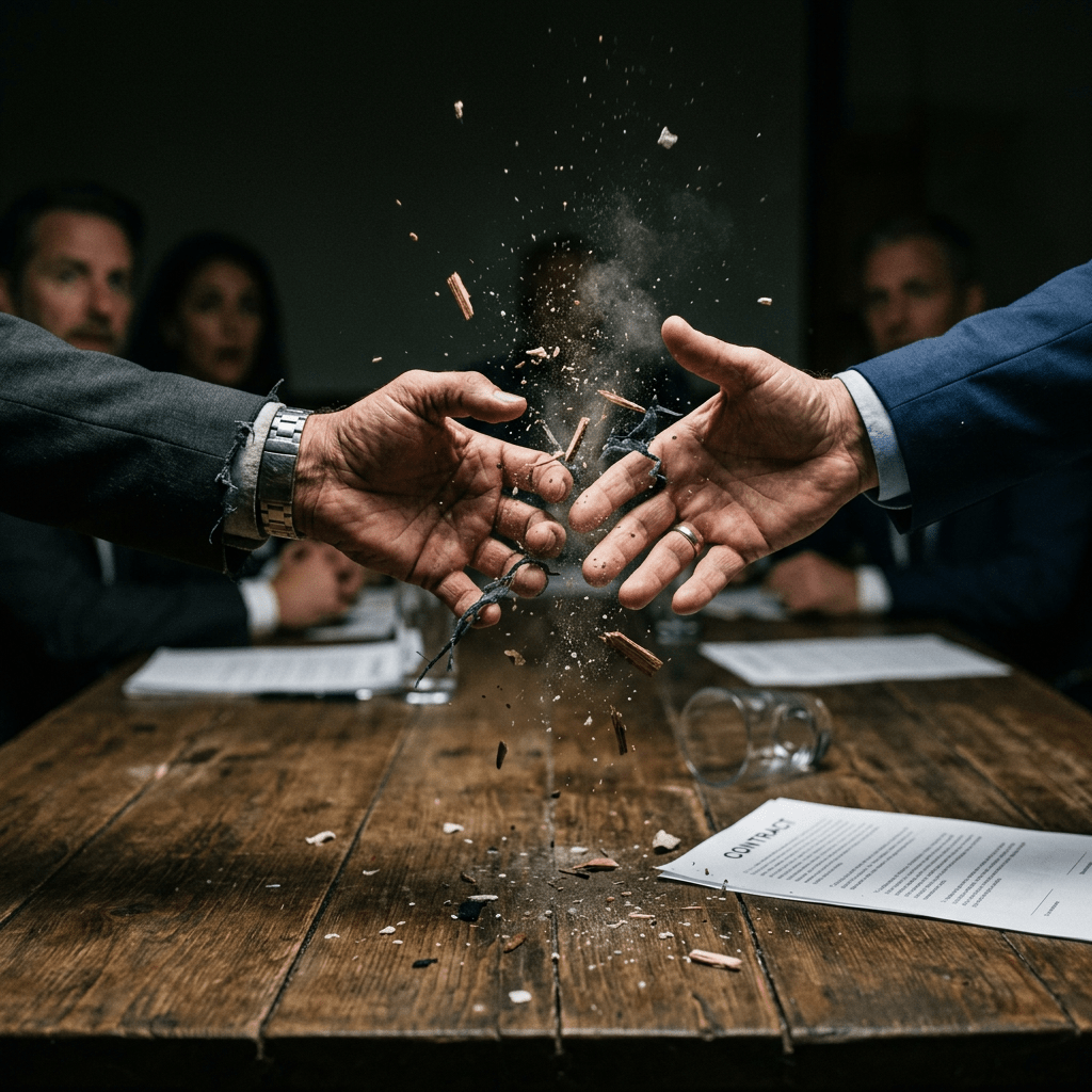 Two hands breaking handshake with wood splinters flying above contract