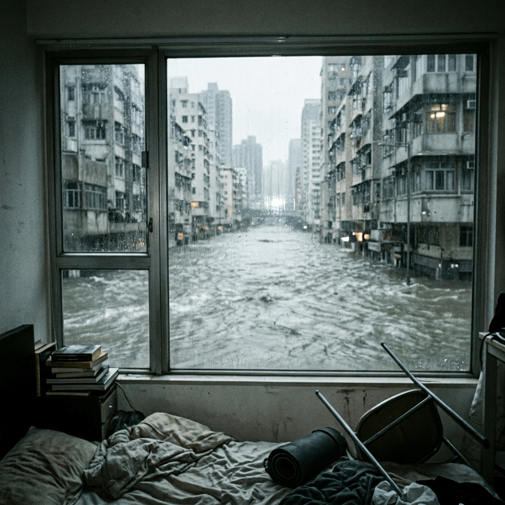 Distressed person in torn clothes reaching out in flooded apartment with water outside window
