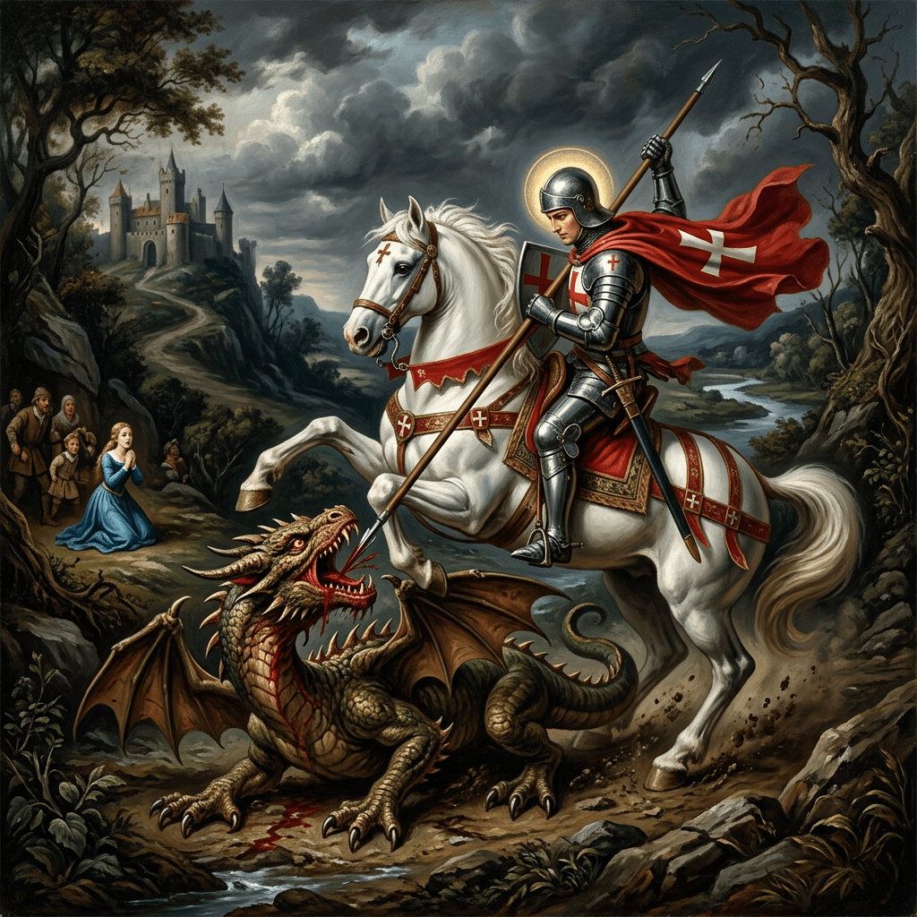 Knight in armor on white horse spearing a dragon with a river and castle in the background