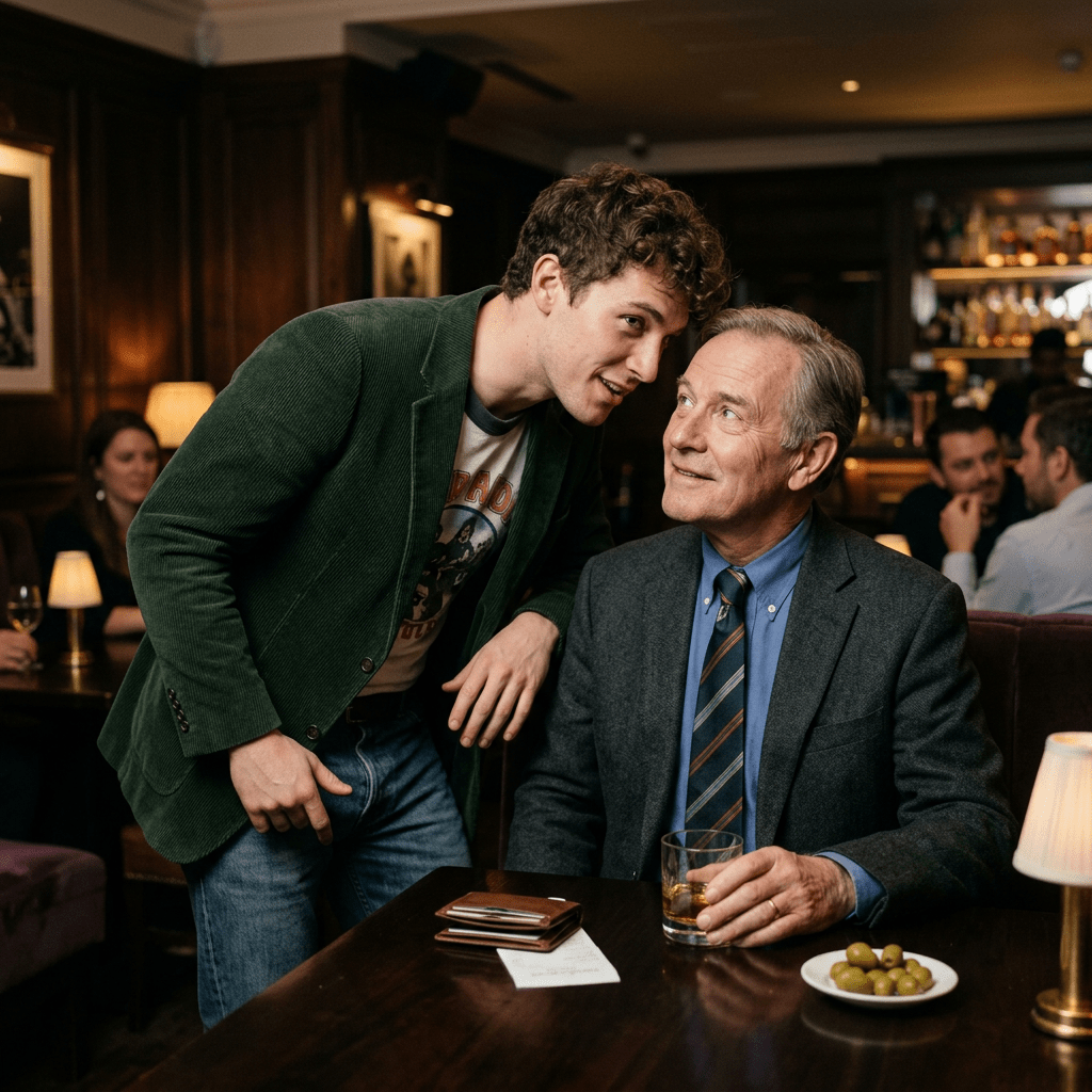 Young man talking to older man sitting at a bar table with a drink and olives