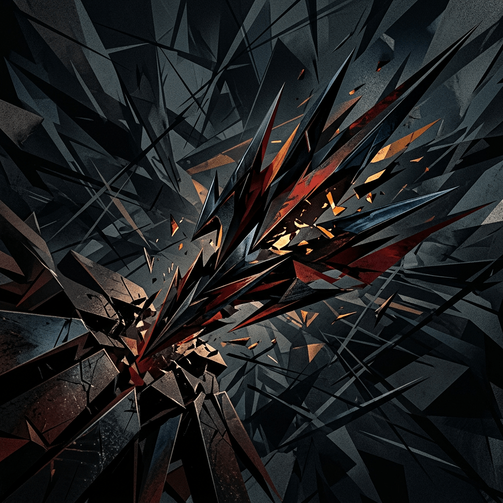 Sharp black and red shards bursting outward with glowing orange fragments
